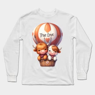 Valentine Highland Cow Couple On Hot Air Balloon Long Sleeve T-Shirt